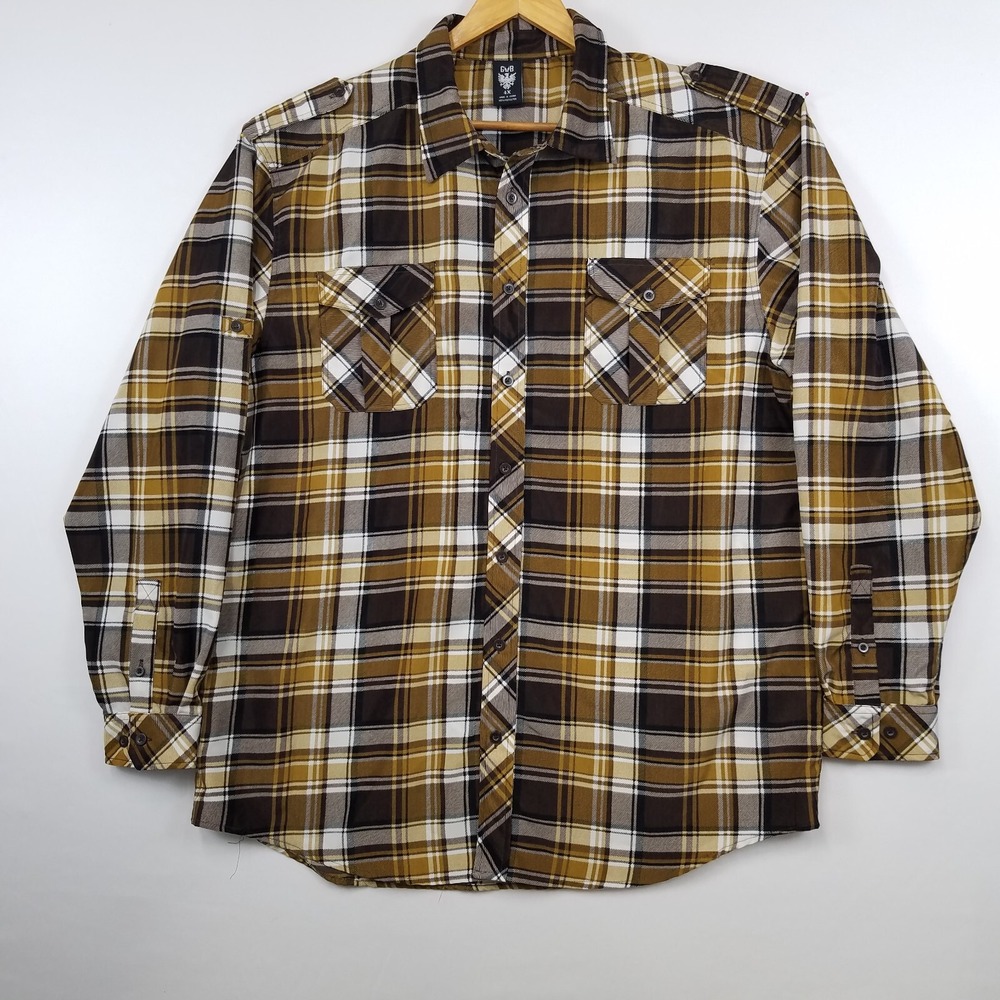 GB Black Label Tartan Plaid Shirt Mens Size 4X Brown Long Sleeve Shoulder Tabs